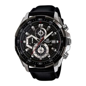 Black Analog Dial Black Leather Band Men's Watch Chronograph 100M Water Resistant