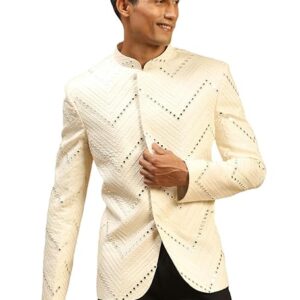 ?Men Mirror Work Jodhpuri Jacket | Viscose Slim Fit Ethnic Wear with Mandarin Collar | Wedding & Festive Indo Western Outfit
