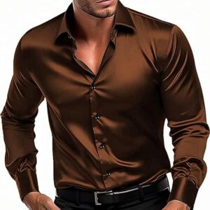?Men's Satin Shirt with Spread Collar Neck