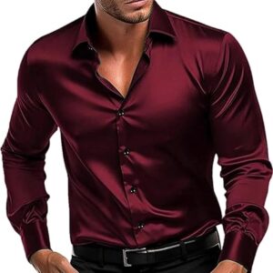 Men's Satin Shirt with Spread Collar Neck Line Solid Pattern Full Sleeves Regular Fit Western Style and Standard Length